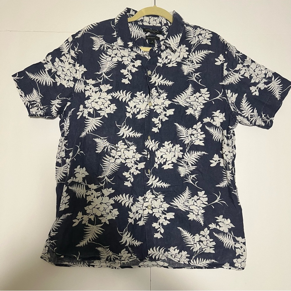 Banana Republic Mens Medium 100% Linen Blue Short Sleeve Tropical Camp Shirt